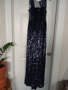 BCBGMaxAzria Navy Sequin Mesh Maxi Dress